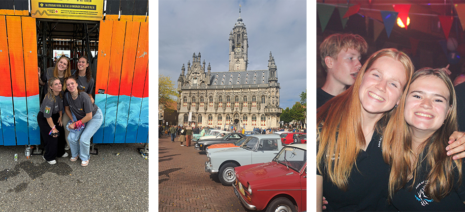 De markt van Middelburg met oldtimers en het stadhuis en Hanneke met vriendinnen