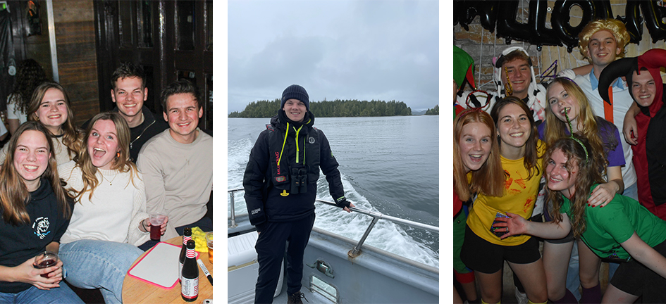 Tom met vrienden en Tom op een boot