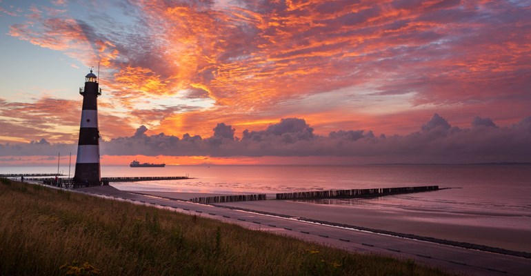 Zonsondergang in natuurgebied met op de achtergrond woningen in Zeeland.