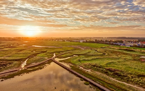 Zonsondergang in natuurgebied met op de achtergrond woningen in Zeeland