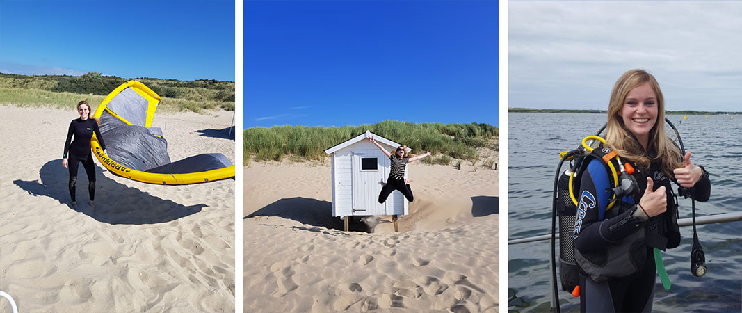 Collage met kitsurfen, springen voor het strandhuisje en duiken in het Grevelingenmeer