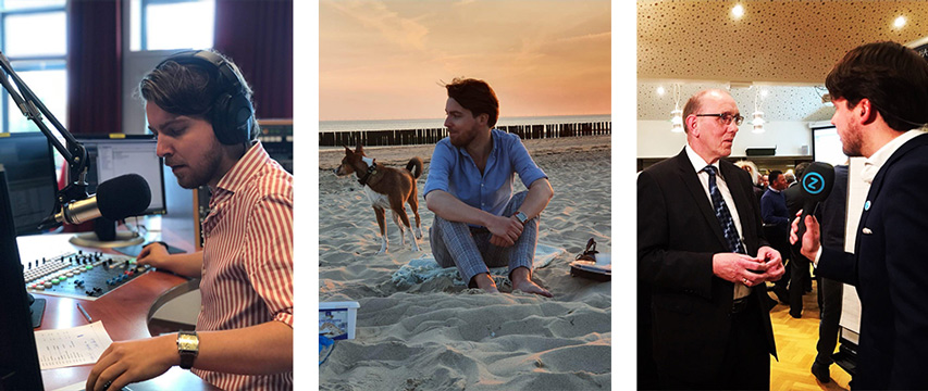 Floris-Jan werkzaam bij Omroep Zeeland, interviewt een persoon een geniet van de zonsondergang op het Zeeuwse strand